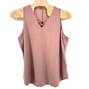Rose Pink Eyelet Lattice V-Neck Sleeveless Tank Top Plus Size 5XL